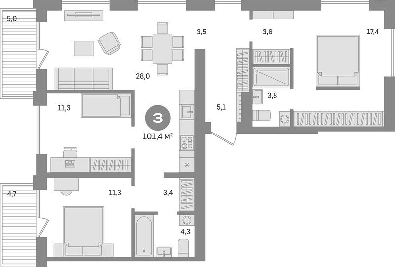 Планировка 4е-к. квартира 91.70 м² в ЖК «Пшеница»