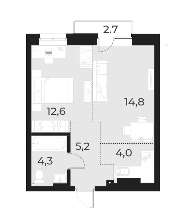 Планировка 2е-к.кв 40.90 м² в ЖК «Русское солнце»