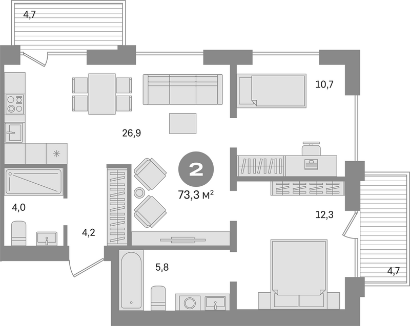 Планировка 3е-к.кв 63.90 м² в ЖК «Пшеница»