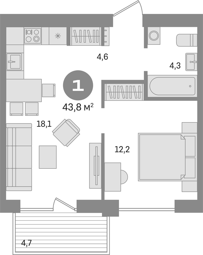 Планировка 2е-к.кв 39.10 м² в ЖК «Пшеница»