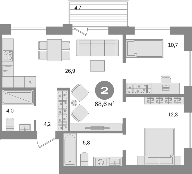 Планировка 3е-к. квартира 63.90 м² в ЖК «Пшеница»