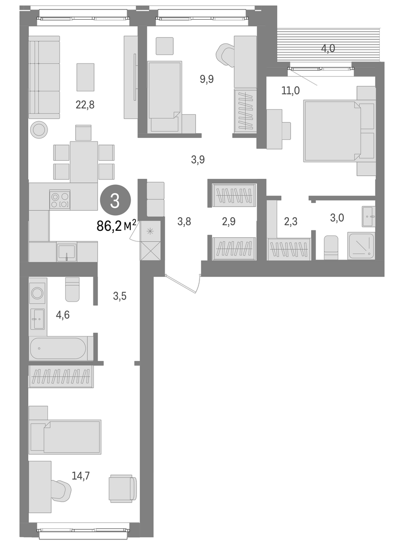 Планировка 4е-к. квартира 82.20 м² в ЖК «Европейский берег»