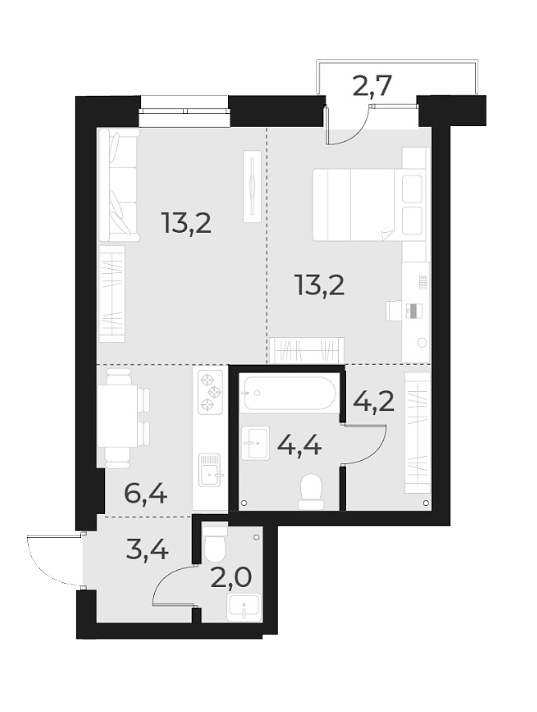 Планировка 2е-к.кв 46.80 м² в ЖК «Русское солнце»