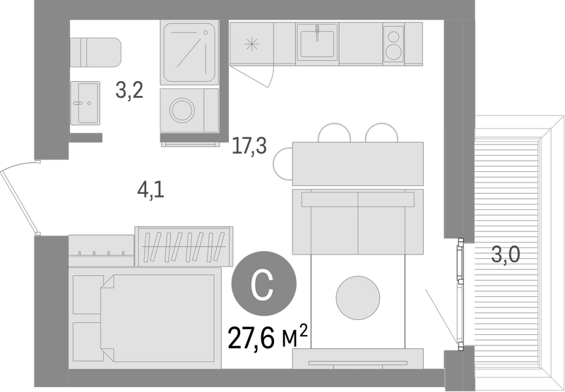 Планировка студии 24.60 м² в ЖК «Европейский берег»
