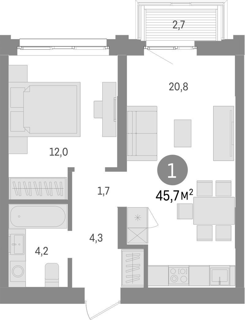 Планировка 2е-к.кв 43.00 м² в ЖК «Европейский берег»