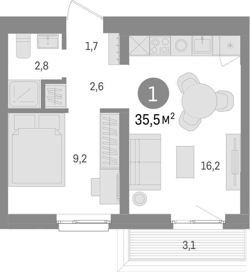 Планировка 2е-к.кв 32.40 м² в ЖК «Европейский берег»