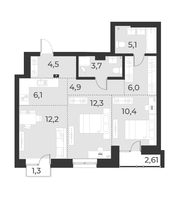 Планировка 3е-к. квартира 65.20 м² в ЖК «Русское солнце»