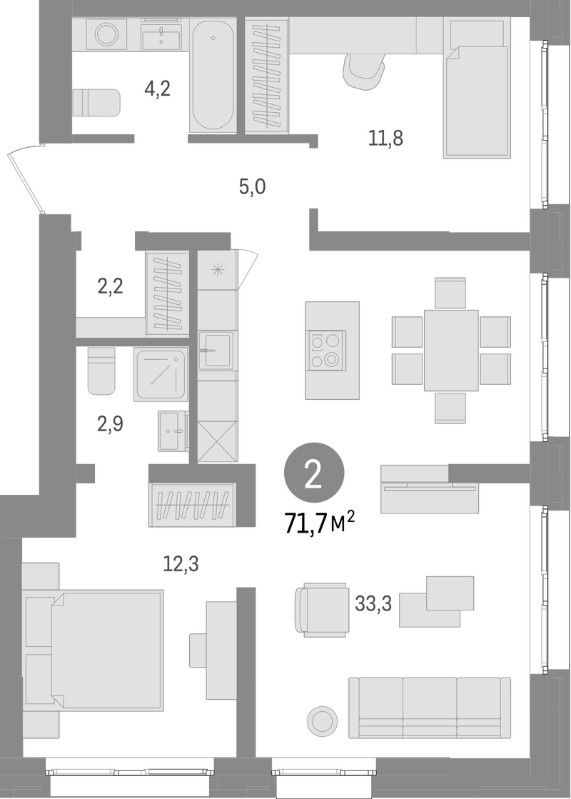 Планировка 3е-к.кв 71.70 м² в ЖК «Европейский берег»