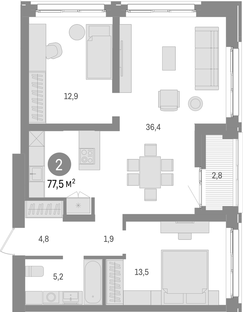 Планировка 3е-к.кв 74.70 м² в ЖК «Европейский берег»