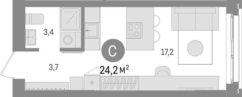 Планировка студии 24.20 м² в ЖК «Европейский берег»
