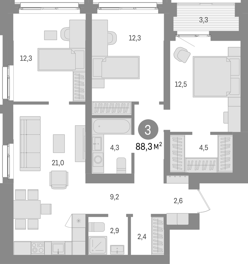 Планировка 4е-к.кв 85.00 м² в ЖК «Европейский берег»
