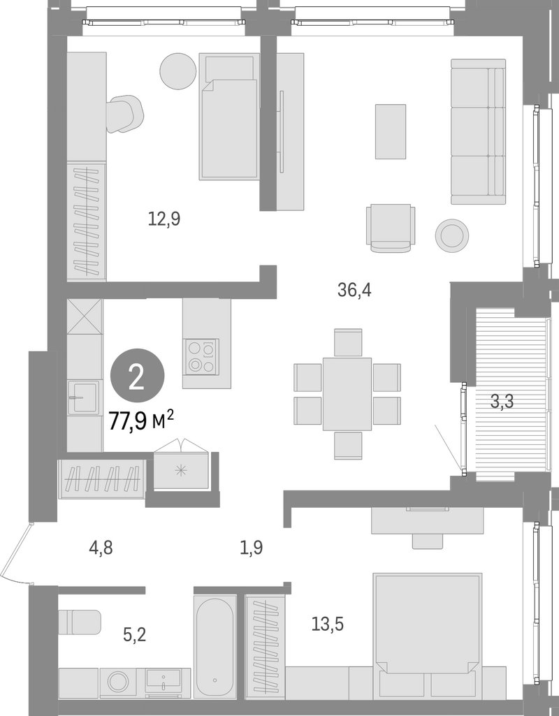 Планировка 3е-к.кв 74.60 м² в ЖК «Европейский берег»