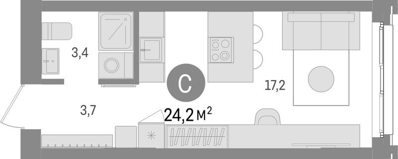 Планировка студии 24.20 м² в ЖК «Европейский берег»