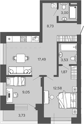 Планировка 2-к.кв 57.47 м² в ЖК «Прованс»