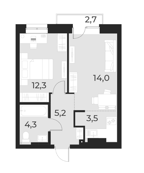 Планировка 2е-к. квартира 39.30 м² в ЖК «Русское солнце»