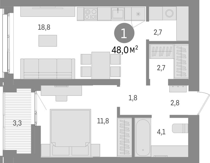 Планировка 2е-к.кв 44.70 м² в ЖК «Европейский берег»