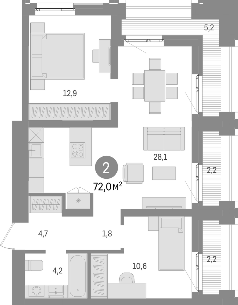 Планировка 3е-к. квартира 62.40 м² в ЖК «Европейский берег»