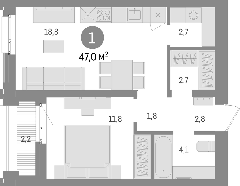Планировка 2е-к.кв 44.80 м² в ЖК «Европейский берег»