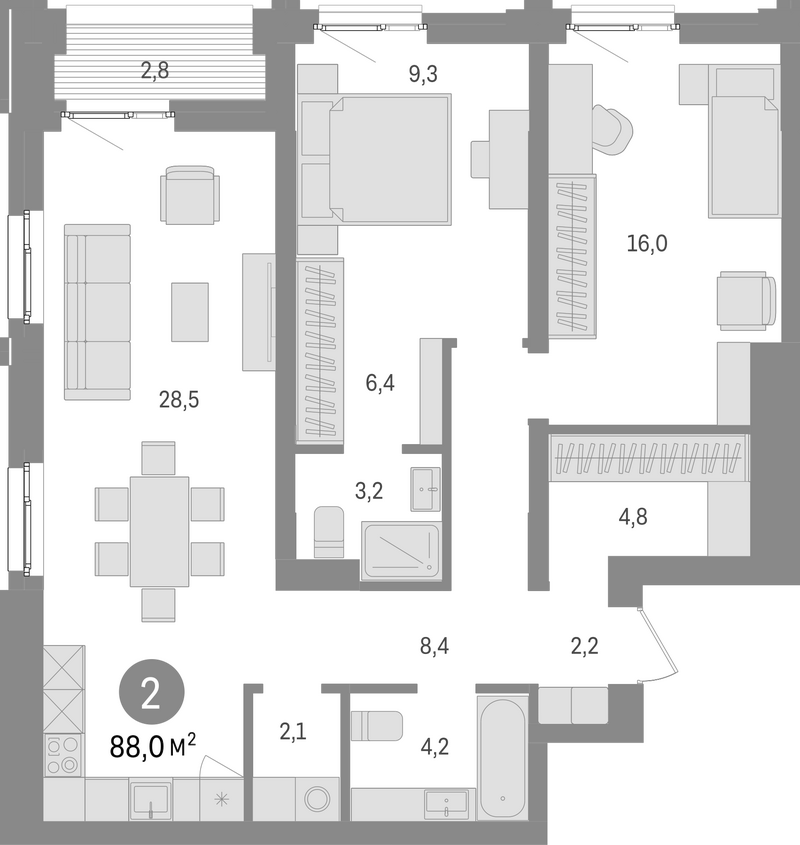 Планировка 3е-к.кв 85.20 м² в ЖК «Европейский берег»