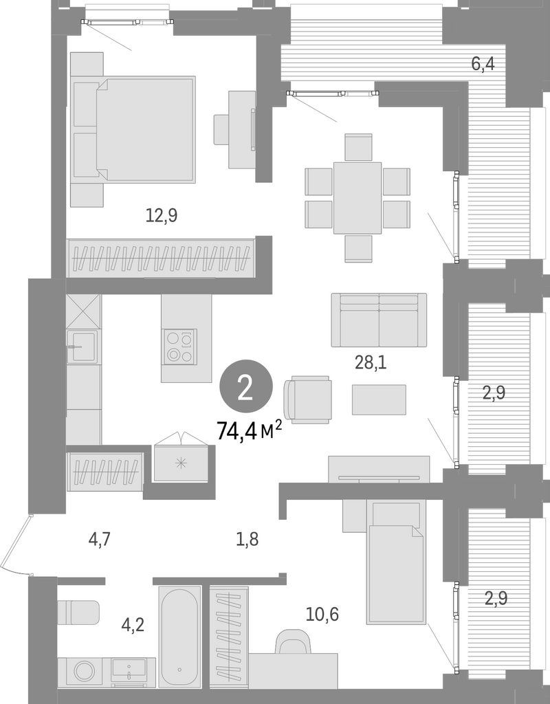 Планировка 3е-к.кв 62.20 м² в ЖК «Европейский берег»