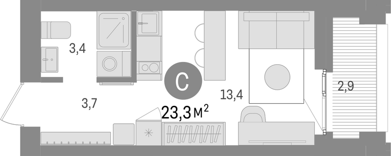 Планировка студии 20.40 м² в ЖК «Европейский берег»