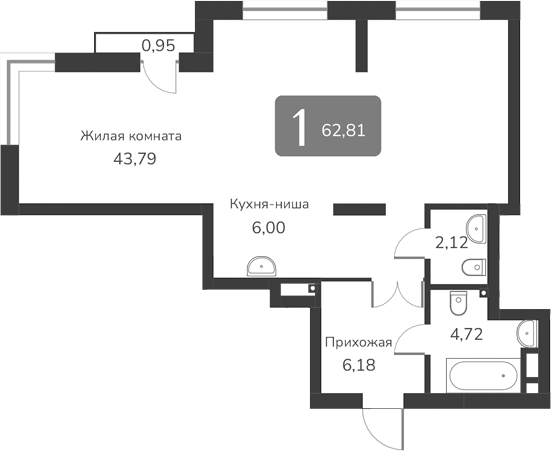 Планировка своб. план. 62.81 м² в ЖК «Марсель-2»