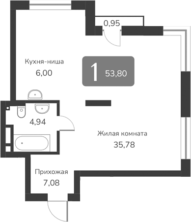 Планировка своб. план. 53.80 м² в ЖК «Марсель-2»