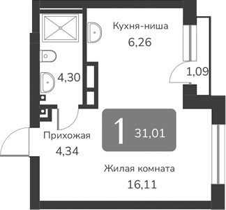 Планировка своб. план. 31.01 м² в ЖК «Марсель-2»