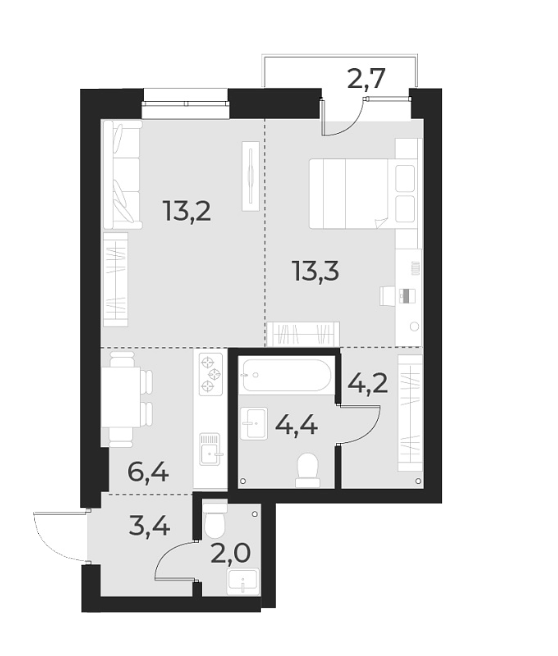 Планировка 2е-к. квартира 46.90 м² в ЖК «Русское солнце»
