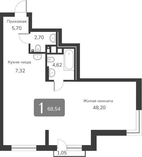 Планировка своб. план. 68.54 м² в ЖК «Марсель-2»