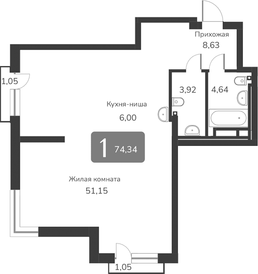 Планировка своб. план. 74.34 м² в ЖК «Марсель-2»