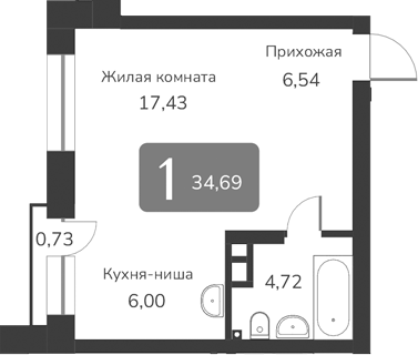 Планировка своб. план. 34.69 м² в ЖК «Марсель-2»