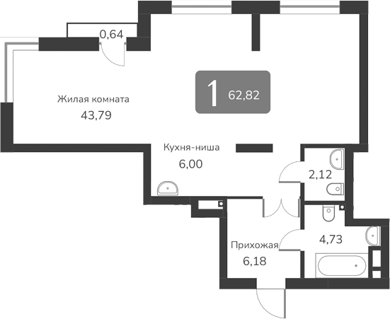 Планировка своб. план. 62.82 м² в ЖК «Марсель-2»