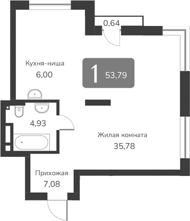 Планировка своб. план. 53.79 м² в ЖК «Марсель-2»