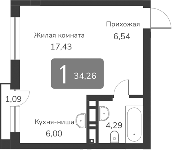 Планировка своб. план. 34.26 м² в ЖК «Марсель-2»