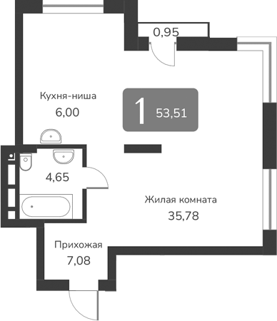 Планировка своб. план. 53.51 м² в ЖК «Марсель-2»
