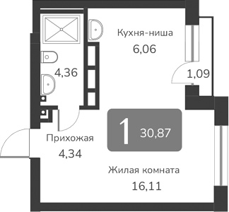 Планировка своб. план. 30.87 м² в ЖК «Марсель-2»