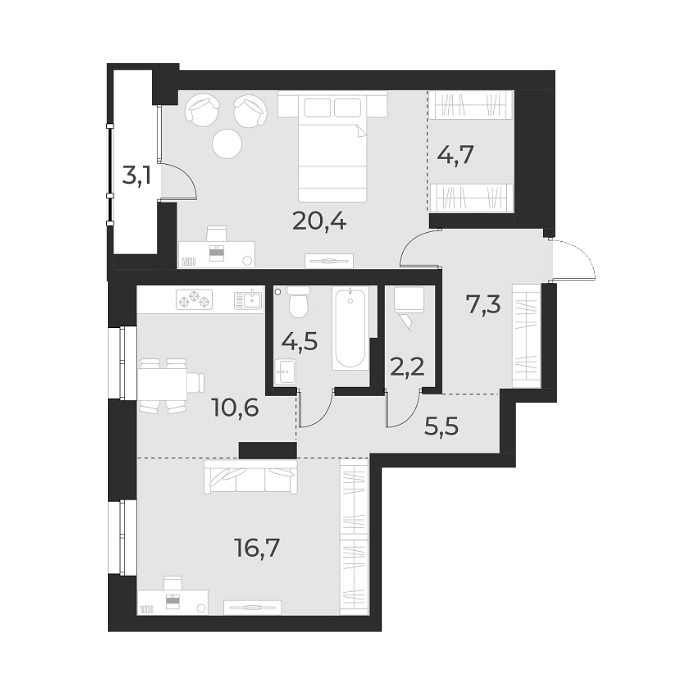 Планировка 2-к.кв 71.90 м² в ЖК «Русское солнце»