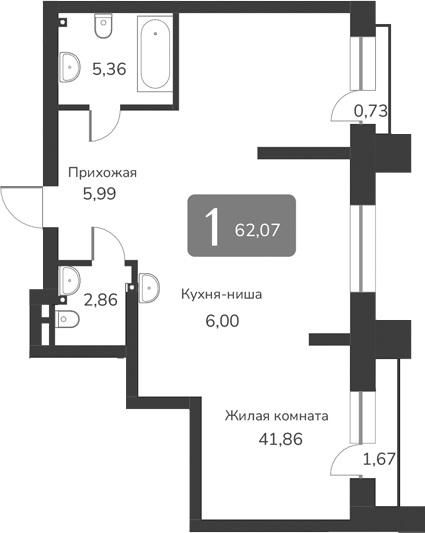 Планировка своб. план. 62.07 м² в ЖК «Марсель-2»