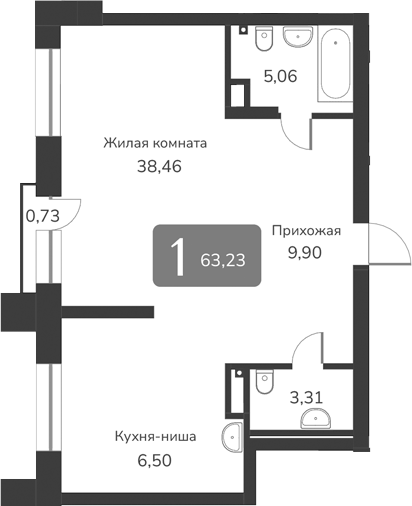 Планировка своб. план. 63.23 м² в ЖК «Марсель-2»
