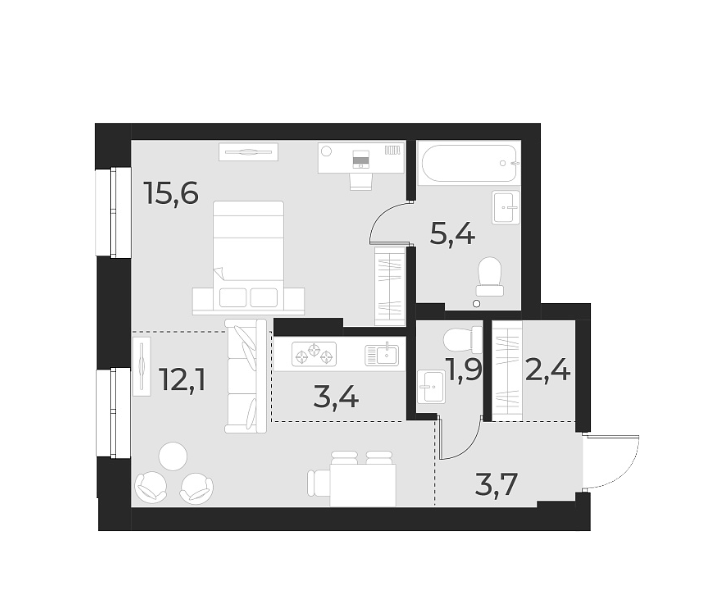 Планировка 2е-к.кв 44.50 м² в ЖК «Русское солнце»