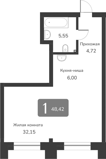 Планировка своб. план. 48.42 м² в ЖК «Марсель-2»