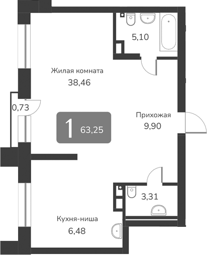 Планировка своб. план. 63.25 м² в ЖК «Марсель-2»