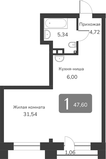 Планировка своб. план. 47.60 м² в ЖК «Марсель-2»