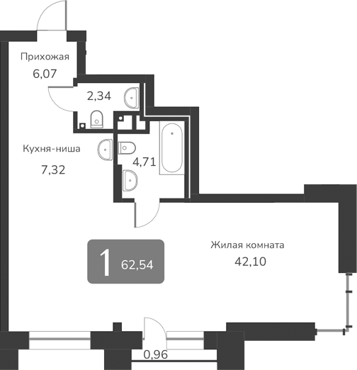 Планировка своб. план. 62.54 м² в ЖК «Марсель-2»