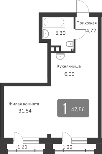 Планировка своб. план. 47.56 м² в ЖК «Марсель-2»