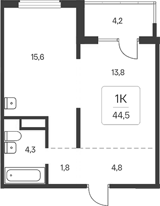 Планировка 1-к.кв 40.30 м² в ЖК «Расцветай у Академгородка»