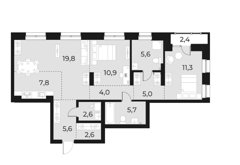 Планировка 3е-к. квартира 80.90 м² в ЖК «Русское солнце»