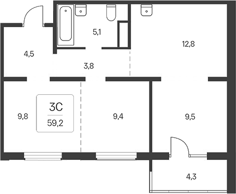 Планировка 3е-к.кв 54.90 м² в ЖК «Расцветай у Академгородка»