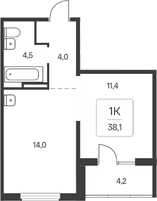 Планировка 1-к. квартира 33.90 м² в ЖК «Расцветай у Академгородка»